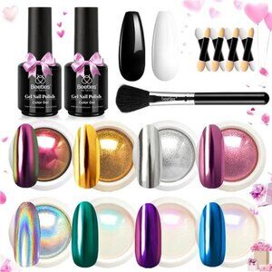 Metallic Chrome Nail Powder Kit Black White Colors Gel Polish Mirror